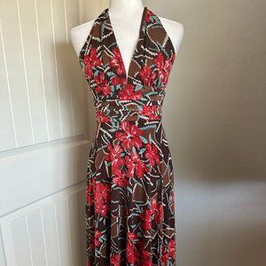 ECI Lined Halter Dress, Mesh Overlay Shades of Brown, Teal, & Red Floral Size 4